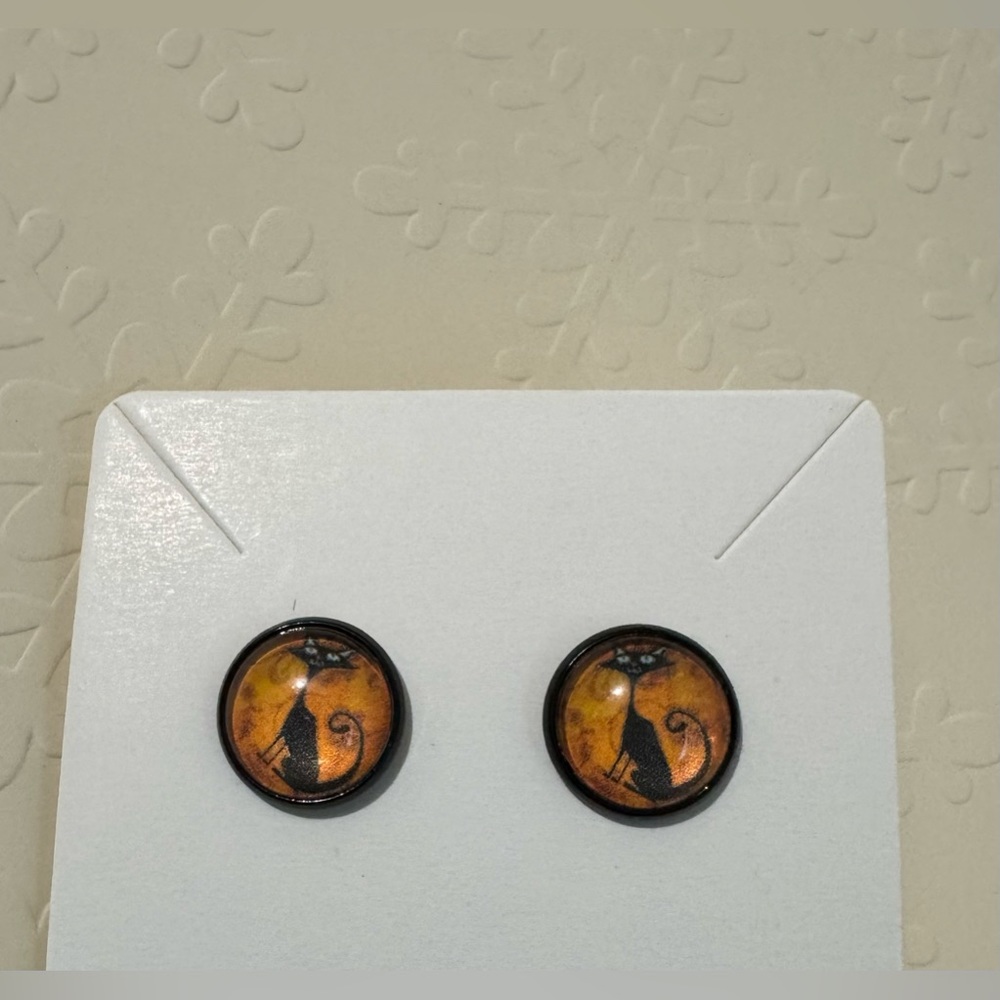 ❄️ SALE! Black Cat Button Stud Earrings Black Metal & Glass